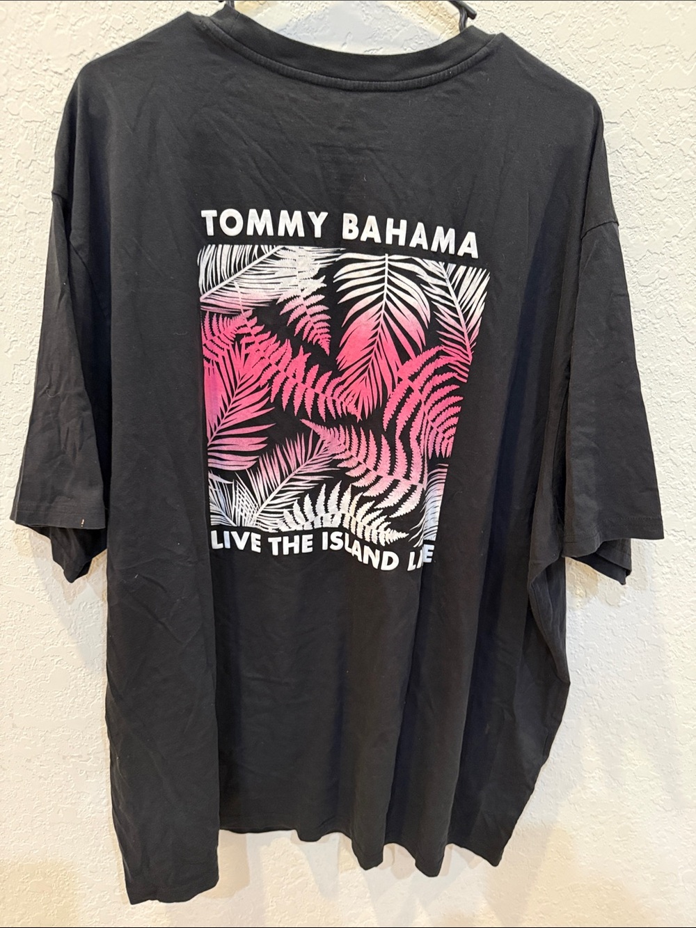 Tommy Bahama Black Tee with Pink & White Palm Design